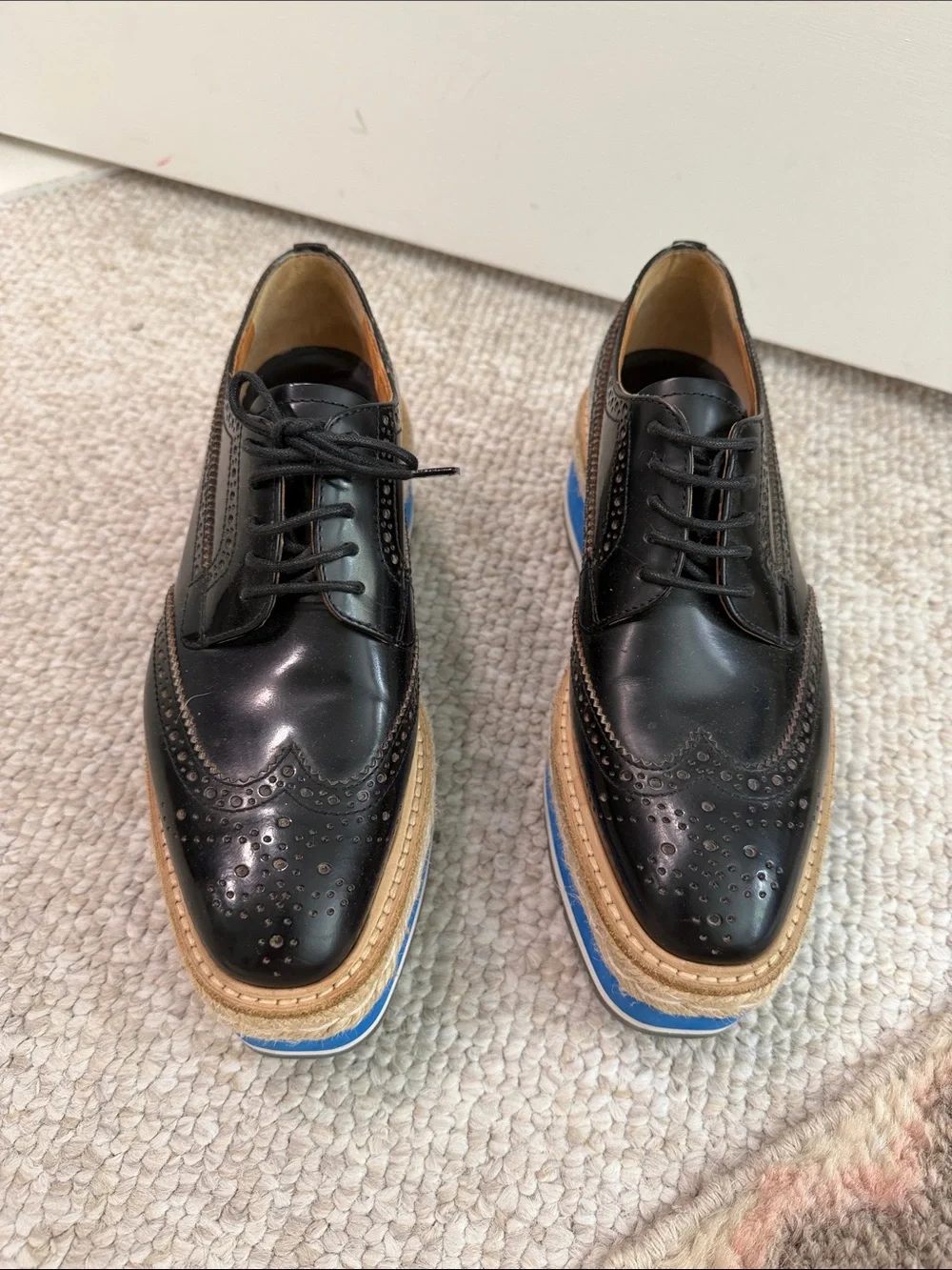 Prada Black Wingtip Lace-Up Brogues with Tan and Blue platform Sole